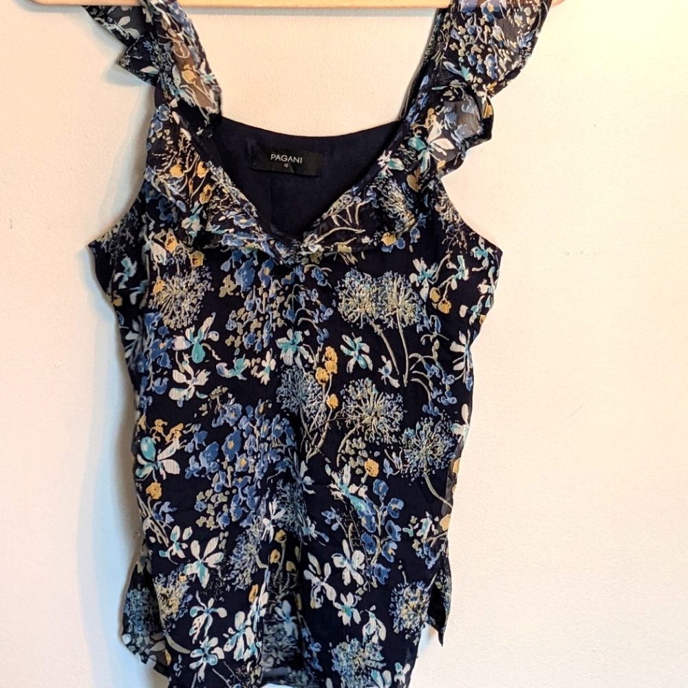 Pagani Navy Floral Chiffon Ruffle Cami